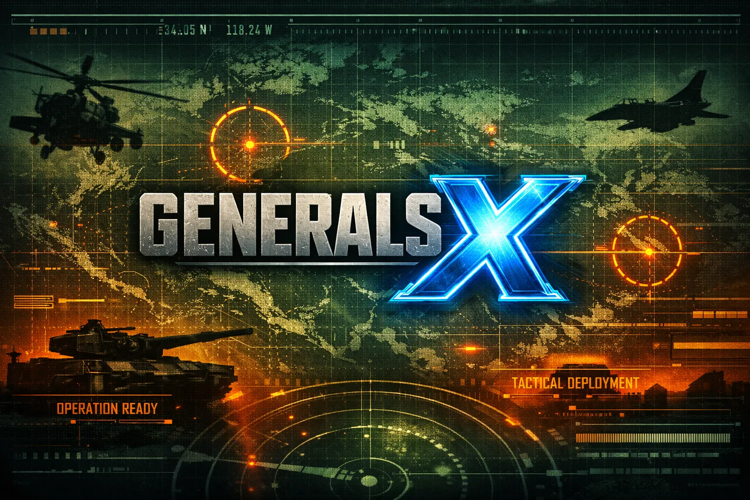 GeneralsX tactical map artwork with aircraft, armor, and the project wordmark